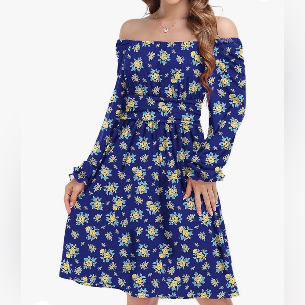 A-line Puff Sleeve Dress Blue Flowery Size XXL - Picture 5 of 13